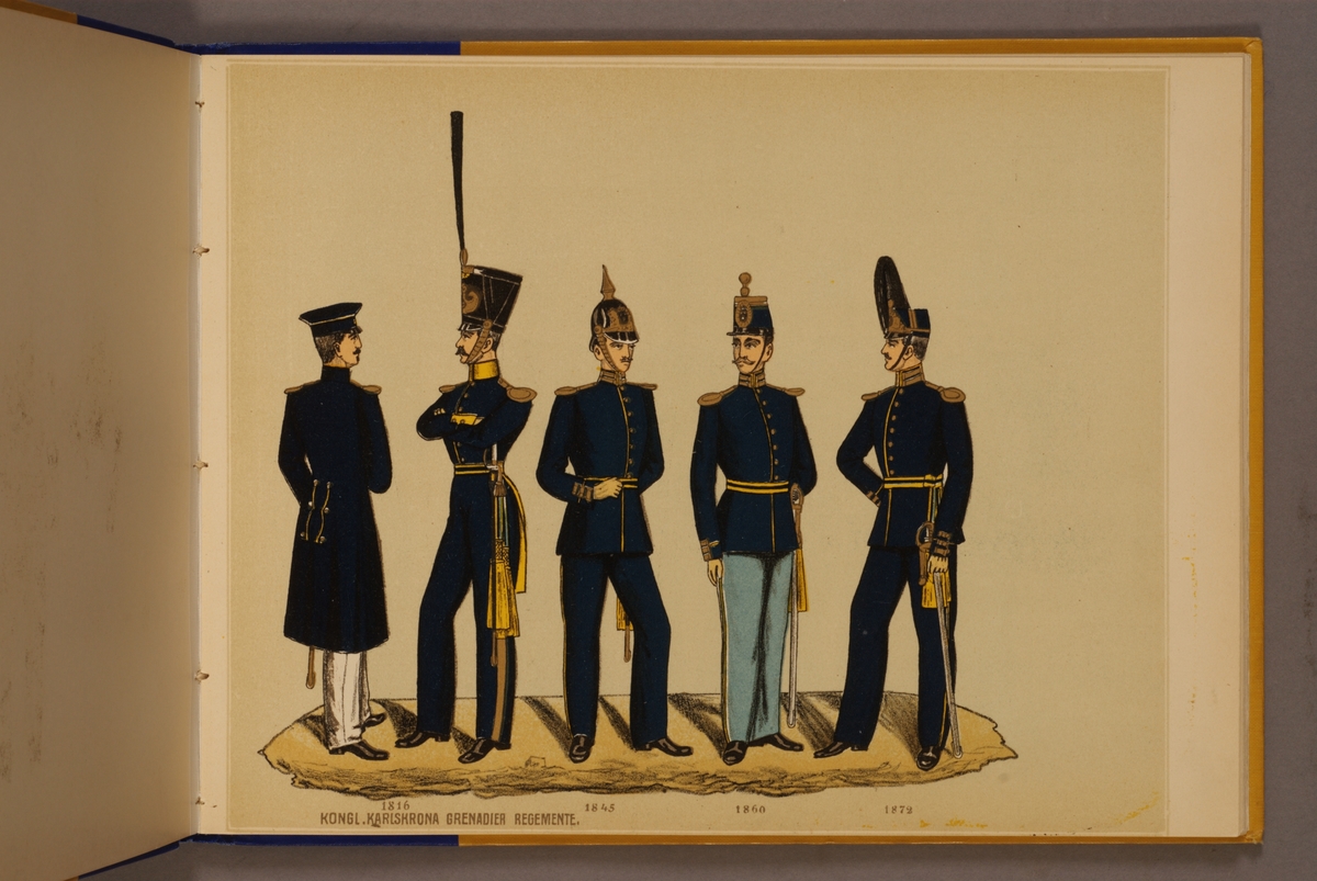 Kjell Hedberg, Plansch i färgtryck med uniform för Karlskrona grenadjärregemente för åren 1816-1872. Ingår i planschsamlingen Svenska arméns och flottans officersmunderingar utgiven av P.B Eklund.