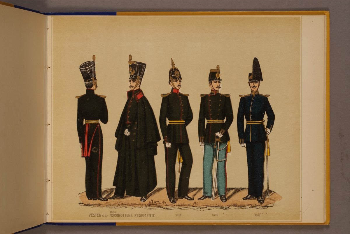 Kjell Hedberg, Plansch in colour printing with a uniform for Västerbotten’s regiment and Norrbotten’s regiment for the years 1838-1888. Included in the collection of the Svenska Army and Navy officers from P.B Eklund.