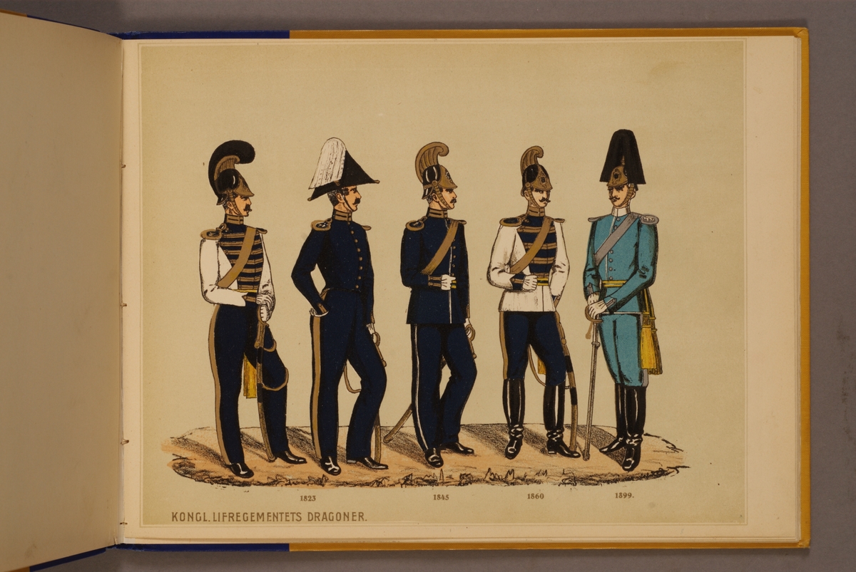Kjell Hedberg, Plansch i färgtryck med uniform för Livregementets dragoner för åren 1823-1899. Ingår i planschsamlingen Svenska arméns och flottans officersmunderingar utgiven av P.B Eklund.