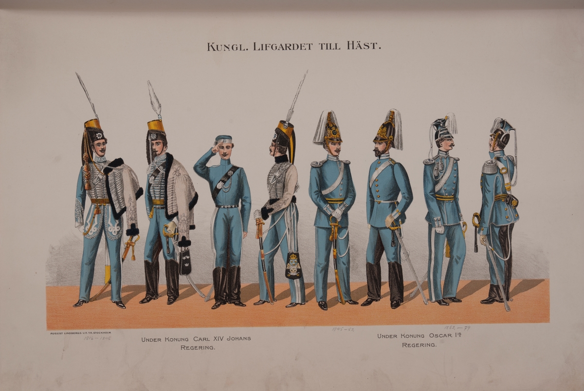 Kjell Hedberg, Plansch med uniform för Livgardet till häst under Karl XIV Johans regering och Oscar I regering för åren 1816-1879. Ingår i boken Svenska krigsmakten under konungarna Carl XIV Johan, Oscar I, Karl XV, Oscar II, utgiven av P.B. Eklund.