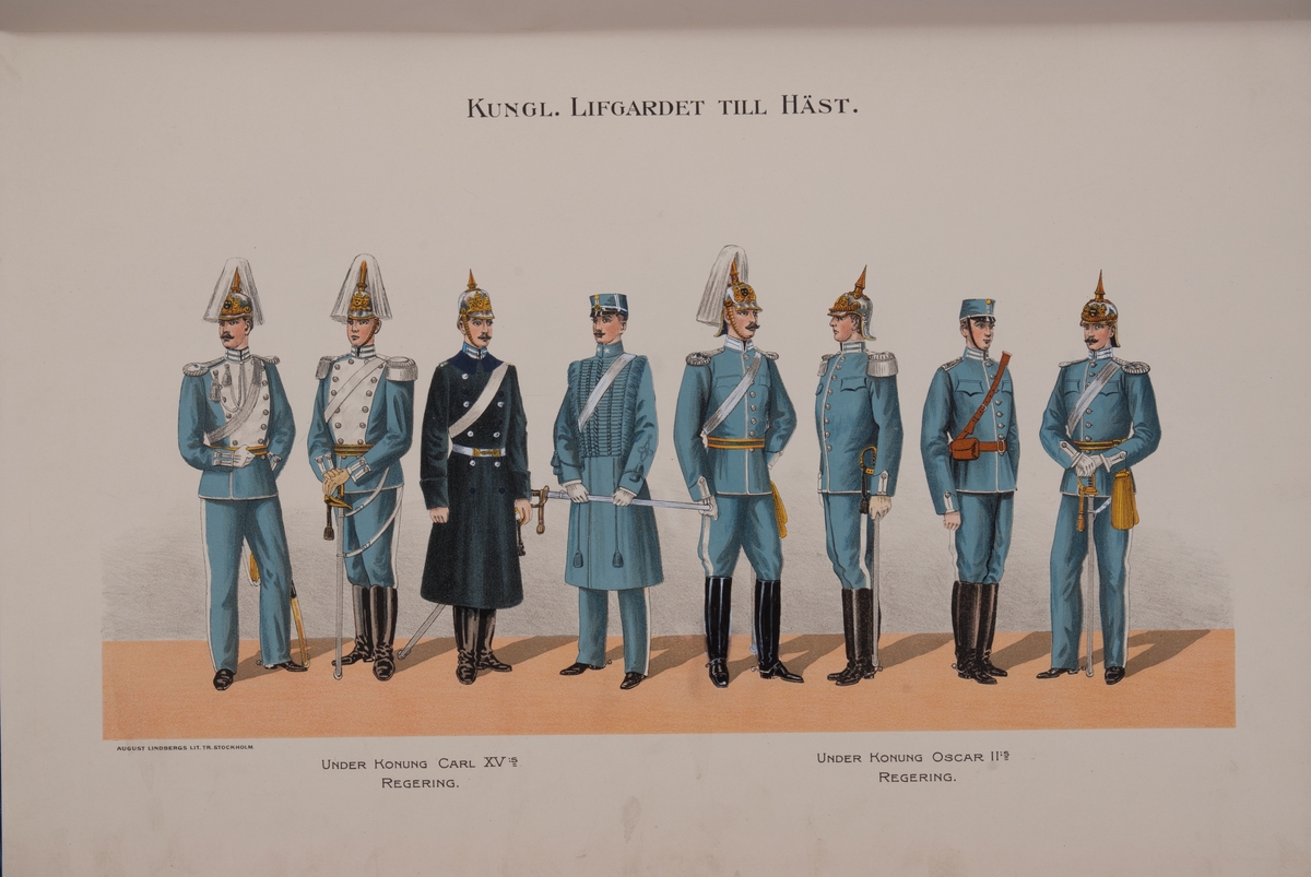 Kjell Hedberg, Plansch med uniform för Livgardet till häst under Karl XV regering och Oscar II regering. Ingår i boken Svenska krigsmakten under konungarna Carl XIV Johan, Oscar I, Karl XV, Oscar II, utgiven av P.B. Eklund.