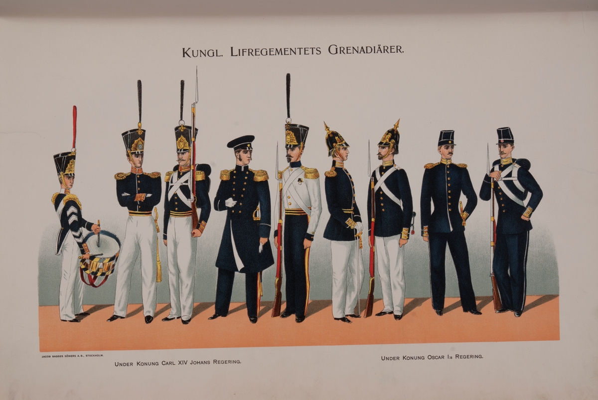 Kjell Hedberg, Plansch med uniform för Livregementets grenadjärer under Karl XIV Johans regering och Oscar I regering. Ingår i boken Svenska krigsmakten under konungarna Carl XIV Johan, Oscar I, Karl XV, Oscar II, utgiven av P.B. Eklund.