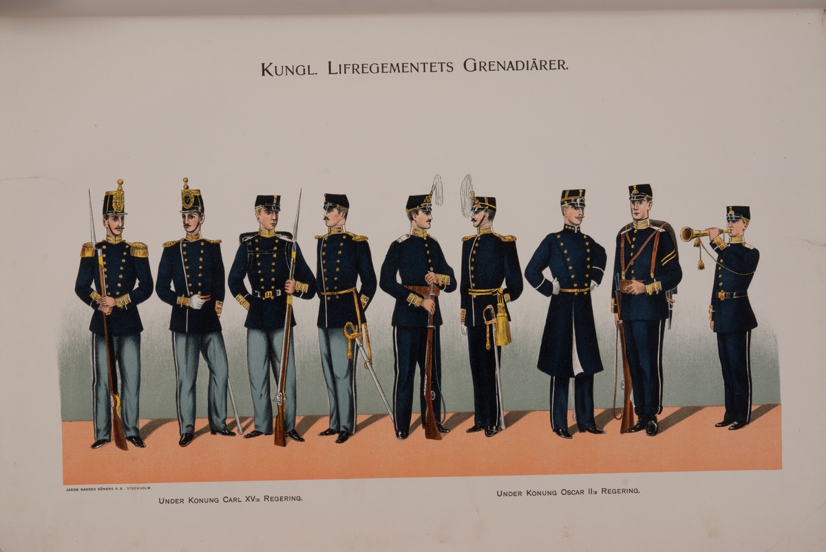 Kjell Hedberg, Plansch med uniform för Livregementets grenadjärer under Karl XV regering och Oscar II regering. Ingår i boken Svenska krigsmakten under konungarna Carl XIV Johan, Oscar I, Karl XV, Oscar II, utgiven av P.B. Eklund.