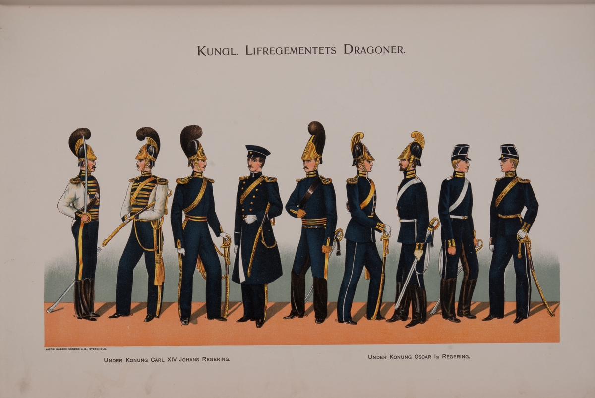 Kjell Hedberg, Plansch with uniform for the dragons of the Livregementet under the reign of Karl XIV Johan and Oscar I. Included in the book Swedish War Power during the King Carl XIV Johan, Oscar I, Karl XV, Oscar II, published by P.B. Eklund.