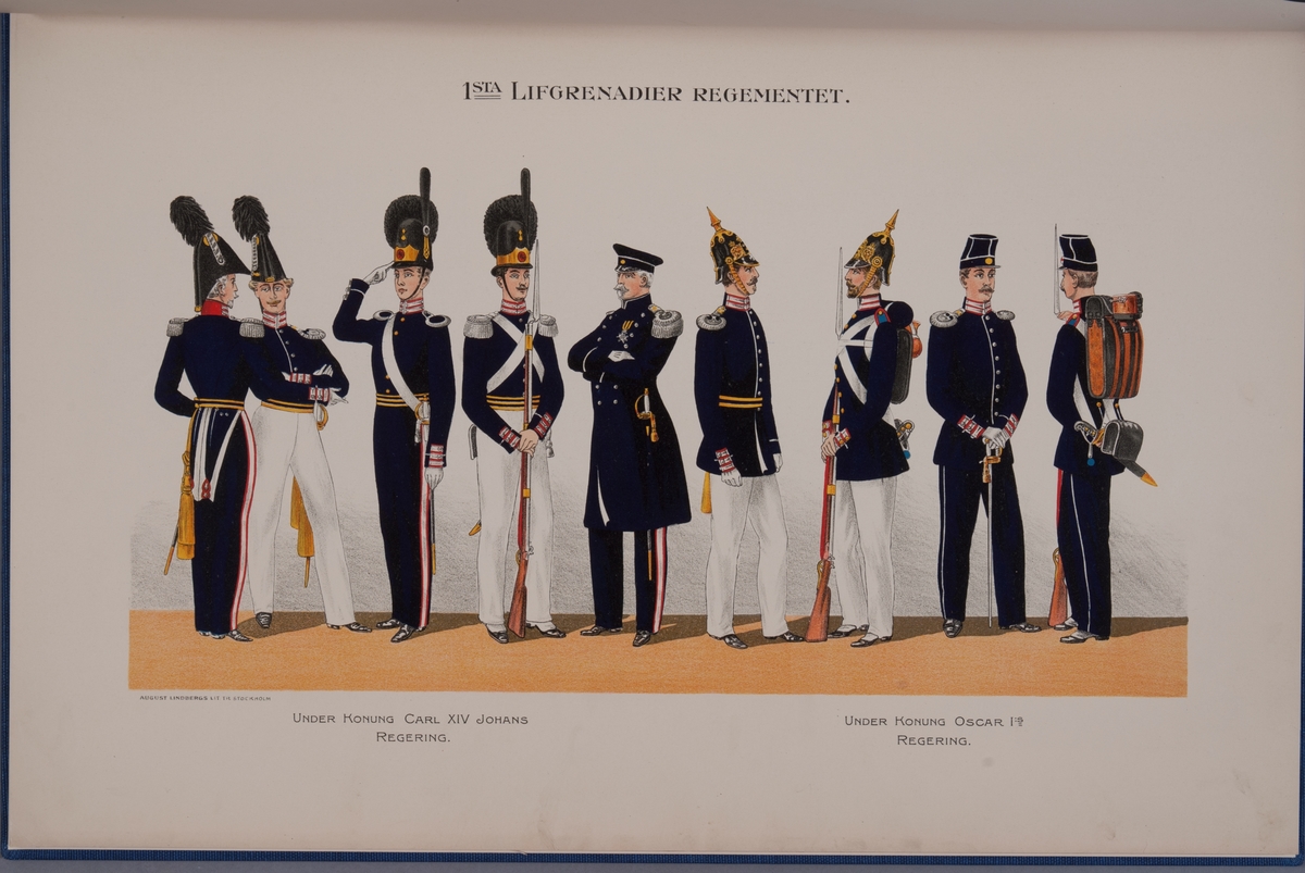 Kjell Hedberg, Plansch med uniform för Första livgrenadjärregementet under Karl XIV Johans regering och Oscar I regering. Ingår i boken Svenska krigsmakten under konungarna Carl XIV Johan, Oscar I, Karl XV, Oscar II, utgiven av P.B. Eklund.