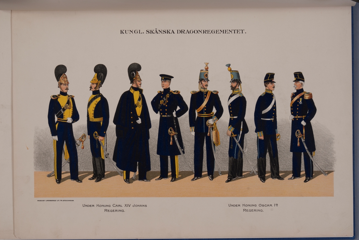 Kjell Hedberg, Plansch med uniform för Skånska dragonregementet under Karl XIV Johans regering och Oscar I regering. Ingår i boken Svenska krigsmakten under konungarna Carl XIV Johan, Oscar I, Karl XV, Oscar II, utgiven av P.B. Eklund.