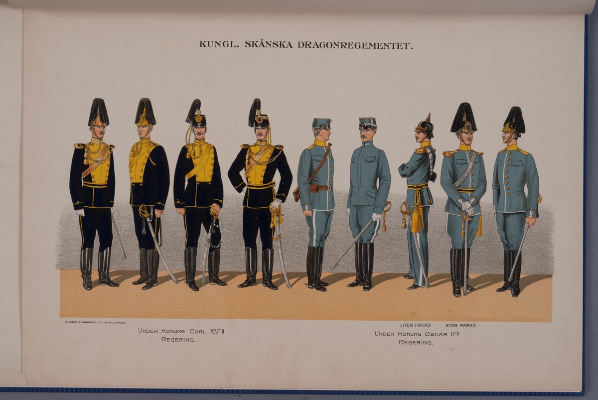 Kjell Hedberg, Plansch med uniform för Skånska dragonregementet under Karl XV regering och Oscar II regering. Ingår i boken Svenska krigsmakten under konungarna Carl XIV Johan, Oscar I, Karl XV, Oscar II, utgiven av P.B. Eklund.