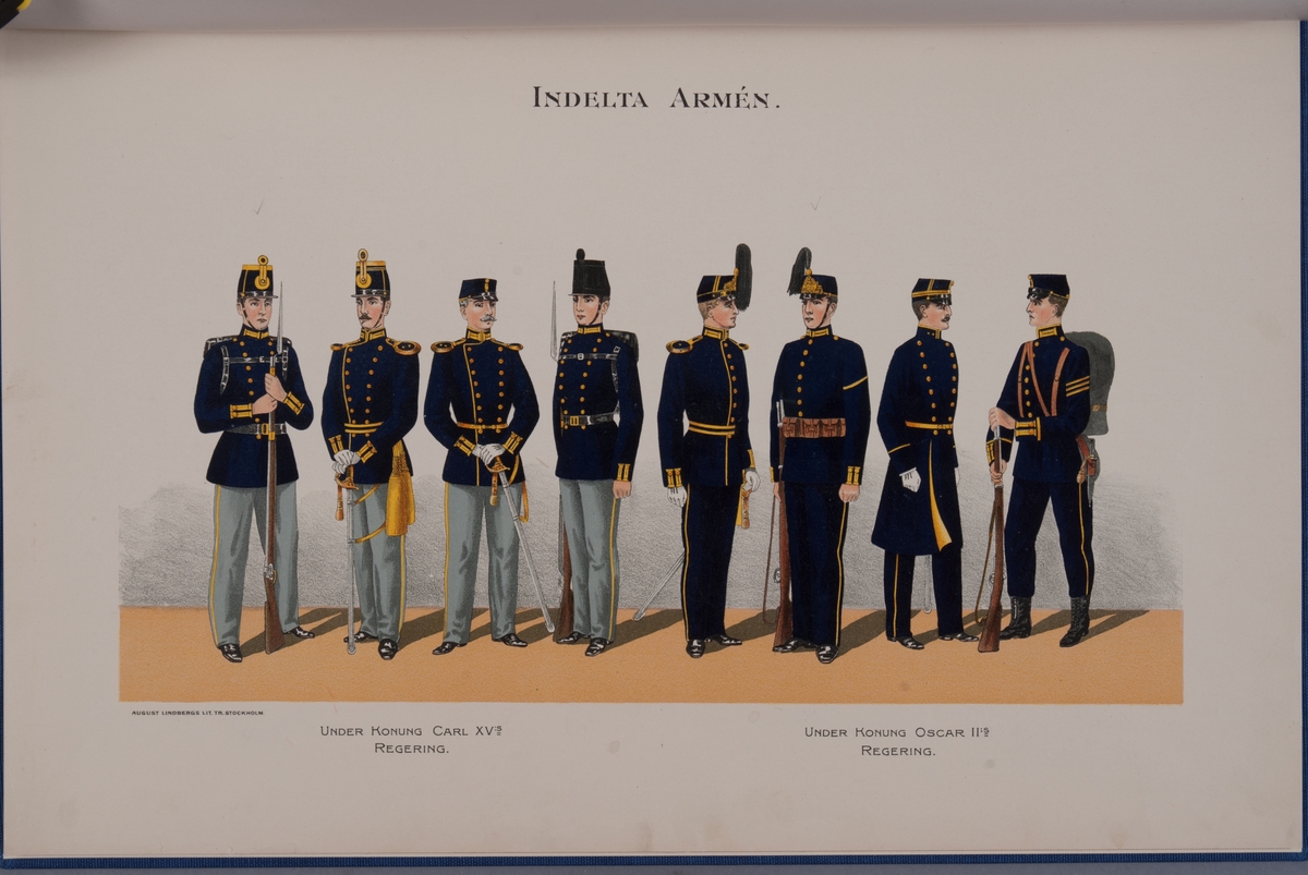 Kjell Hedberg, Plansch med uniform för Indelta armèn under Karl XV och Oscar II regering. Ingår i boken Svenska krigsmakten under konungarna Carl XIV Johan, Oscar I, Karl XV, Oscar II, utgiven av P.B. Eklund.