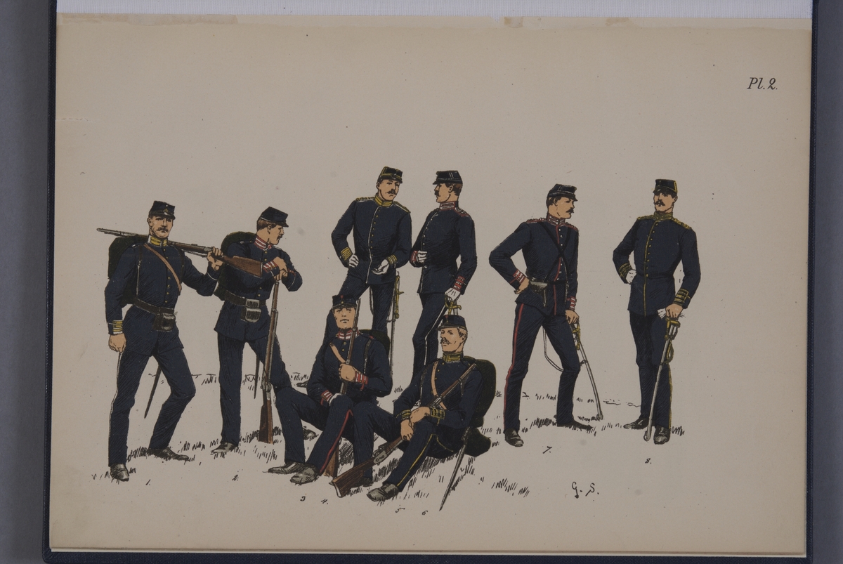 Kjell Hedberg, Plansch med uniform för Livregementets grenadjärkår, Första livgrenadjärregementet, Andra livgrenadjärregementet och Smålands grenadjärkår. Ingår i planschsamlingen Svenska armén - 7 planscher i färgtryck, utgiven av Otto Holmgren.