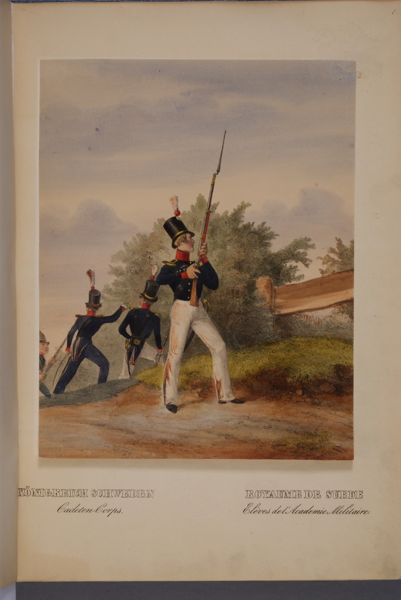 Kjell Hedberg, Plansch med uniform för Kadettkåren. Ingår i planschsamlingen Das europäische Heer in charakteristischen Gruppen: Scweden, utgiven av Eckert und Monten ca 1840.
