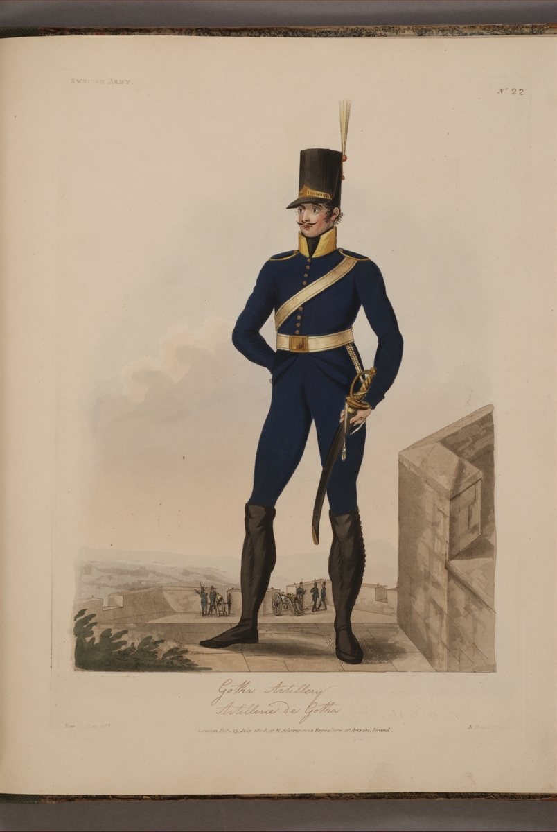 Kjell Hedberg, Plansch med uniform för Göta artilleriregemente, ritad av Frederic Eben i boken The Swedish Army, utgiven 1808.