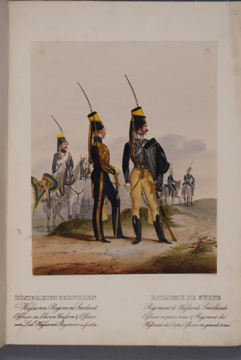 Kjell Hedberg, Plansch med uniform för officer vid Smålands husarregemente och officer vid Livregementets husarer. Ingår i planschsamlingen Das europäische Heer in charakteristischen Gruppen: Scweden, utgiven av Eckert und Monten ca 1840.