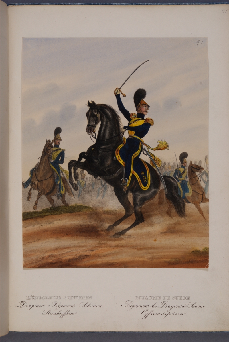 Kjell Hedberg, Plansch med uniform för stabsofficer vid Skånska dragonregementet. Ingår i planschsamlingen Das europäische Heer in charakteristischen Gruppen: Scweden, utgiven av Eckert und Monten ca 1840.