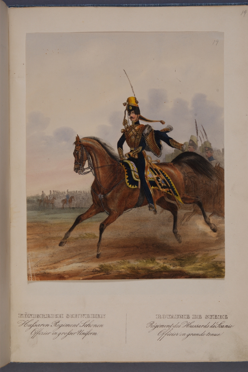 Kjell Hedberg, Plansch with a parade uniform for the officer at Skånska husarregemente. Included in the collection Das europäische Heer in the characteristic group: Scweden, published by Eckert und Monten ca 1840.