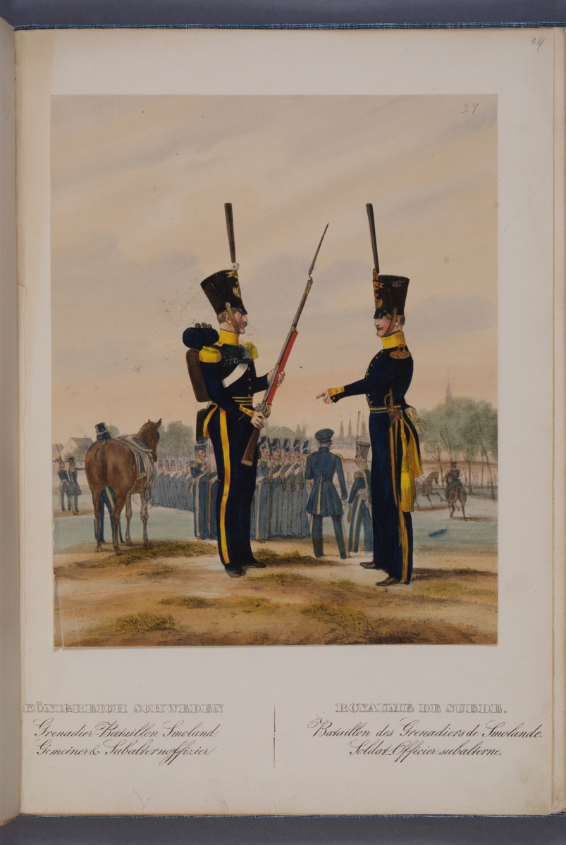 Kjell Hedberg, Plansch med uniform för manskap och subalternofficer vid Smålands grenadjärbataljon. Ingår i planschsamlingen Das europäische Heer in charakteristischen Gruppen: Scweden, utgiven av Eckert und Monten ca 1840.