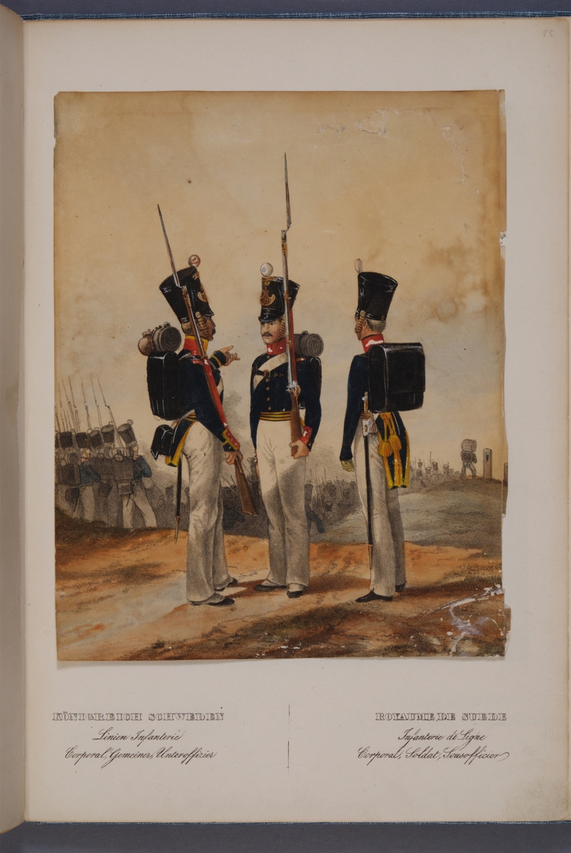 Kjell Hedberg, Plansch med uniform för korpral, manskap och underofficer vid linjeinfanteriet. Ingår i planschsamlingen Das europäische Heer in charakteristischen Gruppen: Scweden, utgiven av Eckert und Monten ca 1840.