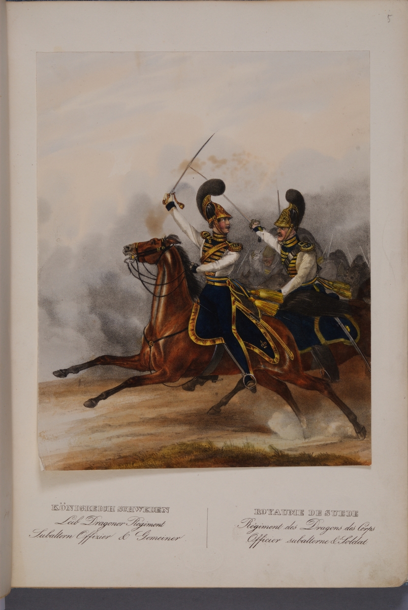 Kjell Hedberg, Plansch med uniform för subalternofficer och manskap vid Livdragonregementet. Ingår i planschsamlingen Das europäische Heer in charakteristischen Gruppen: Scweden, utgiven av Eckert und Monten ca 1840.
