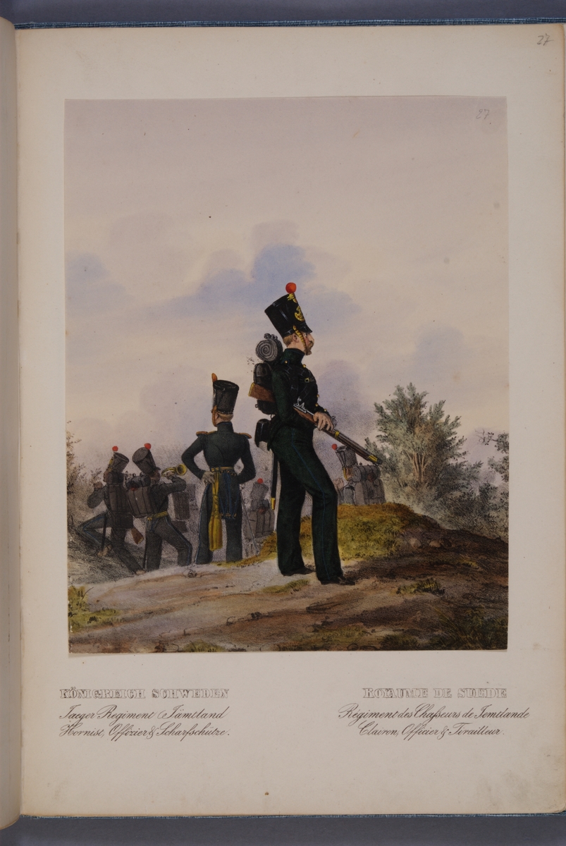 Kjell Hedberg, Plansch med uniform för hornspelare, officer och skarpskytt vid Jämtlands fältjägarregemente. Ingår i planschsamlingen Das europäische Heer in charakteristischen Gruppen: Scweden, utgiven av Eckert und Monten ca 1840.