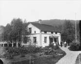 S J Olsson, Kristinelund. Tre kvinnor och en man framför ett boningshus. Till vänster bärbuskar och trädgårdsland.