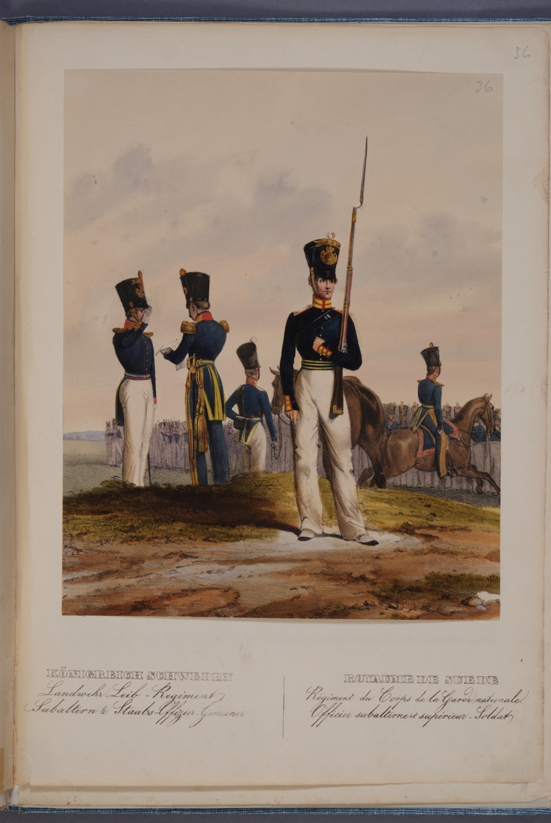 Kjell Hedberg, Plansch med uniform för subaltern, stabsofficer och manskap vid Lantvärn. Ingår i planschsamlingen Das europäische Heer in charakteristischen Gruppen: Scweden, utgiven av Eckert und Monten ca 1840.