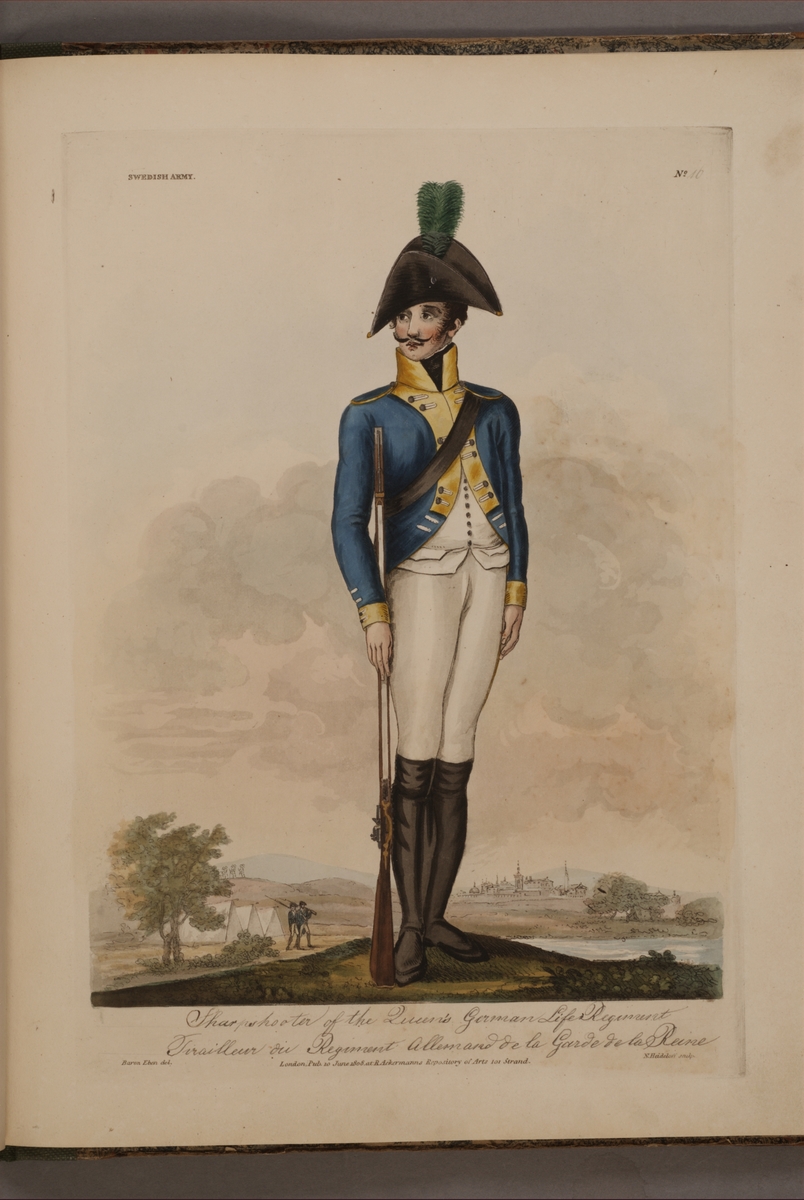 Kjell Hedberg, Plansch med uniform för skarpskytt vid Drottningens livregemente, ritad av Frederic Eben i boken The Swedish Army, utgiven 1808.