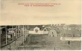 Parti av Industriutställningen. På bilden ses entrén (från öster) och träden i bakgrunden är allén längs järnvägsgatan eller nuvarande S:t Olofsgatan. l utställningen med folkskolebyggnaden (från 1903) i bakgrunden.