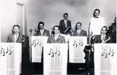 Dansband. Anders Heribertz orkester 1950-talet i samband med plantiskarnevalen. Vid pianot orkesterledaren Anders Heribertz, Olof Alsterfjärd saxofon, Ingvar Arrestig trummor, Stig Johansson saxofon, Sven Gunnar Wester trummor, Arne Brissman trumpet, Oddvar Ländell saxofon.