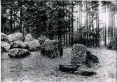 Planteringsförbundets park, S:t Olofsgatan. Gånggriften Kyrkerör. Gånggriften före restaureringen 1928. Gången sedd från sydost. Gångens yttre sidohällar kullvräkta och fallna. Kammaren till vänster med nedfallna överliggare.