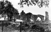 Klosterkyrkans ruiner med de uppstickande bågvalven i n. arkadräckan i långhuset.