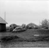 Ledsgården, Slutarp. Gånggrift mellan gårdshusen. Foto från söder, källarbyggnaden i bakgrunden.