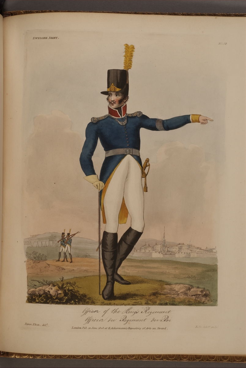 Kjell Hedberg, Plansch med uniform för Konungens eget värvade regemente, ritad av Frederic Eben i boken The Swedish Army, utgiven 1808.