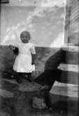 Porträtt av en liten flicka med en docka. Utomhus vid en murad trappa.
