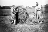 Elsa Karlén och Elna Sköld stäcker hö.