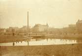 Stadsparken när den var nyanlagd (1897), mitt i bild varmbadhuset, till höger centralskolans äldsta byggnad.