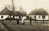 Lantgård med tre personer på åker framför gården, pilträd vid vägen framför gården, 8312.