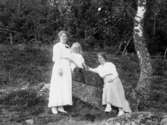 Gruppbild av två kvinnor och ett barn fotograferade i en skogsglänta.