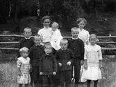 Albertina Karlsson ( 1872-1958) i Björkelund Karl Gustav med barn. I famnen har Albertina yngsta barnet Rudolf. Främre raden från vänster: Anna, Anders Evald, Erik Oskar, Ellen. I andra raden från vänster: Gustav Adolf. Bakom honom står Artur Valfrid. Pojken längst till höger i bild är Karl Georg. Äldsta flickan Beda står bakom Karl Georg.