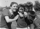 Liljeborgsskolan blev Skånska skolmästare i fotboll 1958, från vänster ”Martina”Bo Hansson, Roland Engdahl, Sven Hall och Björn Edvardsson.