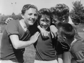 Liljeborgsskolan blev Skånska skolmästare i fotboll 1958, från vänster ”Martina”Bo Hansson, Roland Engdahl, Sven Hall och Björn Edvardsson.