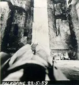 S:t Olofs kyrka. Restaureringen 1958-1961. Romanska torngrunden blottad. Ovanifrån fr. väster.