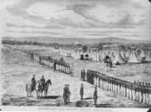 Hultsfreds slätt, Kalmar Regementes mötesplats. 
Tecknad efter fotografi.
(1869)