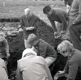 Gustav VI Adolf, kronprinsen och Ulf Erik Hagberg under utgrävningen i Skedemosse.