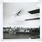 En simhoppare i aktion under SM i simning, som 1946 hölls vid Långviksbadet i Kalmar.