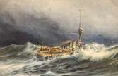Pansarbåten Göta i storm på Nordsjön. Oljemålning av Herman af Sillén.