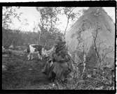 John Bauers Lapplandsresa sommaren 1904. I ett sameläger sitter en kvinna vid kåtan och en get betar intill.