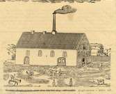 Teckning av Kalmar ångkvarns äldsta byggnad, riven i slutet av 1800-talet.