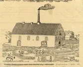 Teckning av Kalmar ångkvarns äldsta byggnad, riven i slutet av 1800-talet.