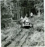 Skogsavverikning. Tre pkända män, en pojke och en bandtraktor.  8/10 1952.