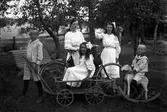 Fem barn vid en cykel, en av dem sitter i kärra, en pojke på gunghästen.