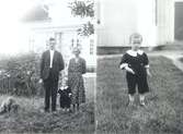 Familjen Bror och Helga Johansson, Broatorp med sonen Ivan och hunden Rapp. Högra plåthalvan Ivan på gräsplanen utanför köksdörren.